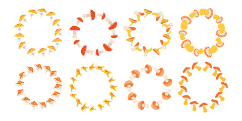 An autumn set of hand-drawn mushroom wreaths on a white background