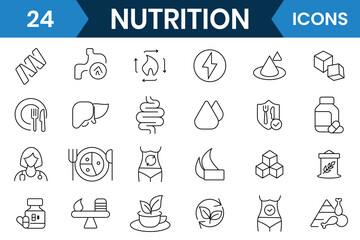 Nutrition icon set. Healthy food linear icon collection. Icon for food, vegetables, water, fruits, dietary fiber, protein, vitamins, carbohydrate and more. Vector illustration.