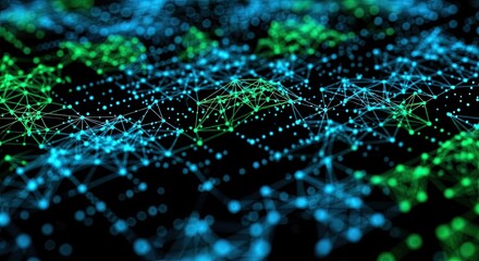 Stunning abstract network of glowing nodes and lines creates a dynamic digital data stream with vibrant blue and green hues