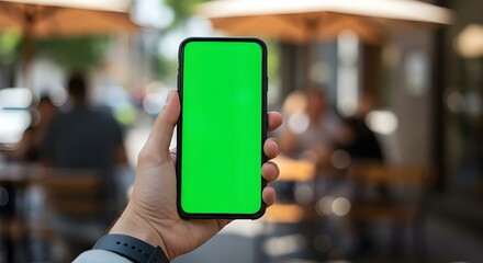 Hand holding smartphone with vibrant green screen in outdoor cafe blur