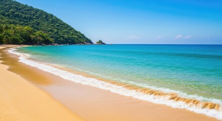 Obraz premium Escape to paradise with this stunning tropical beach scene featuring crystal-clear turquoise waters and lush green mountains under a bright blue sky.