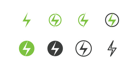 Eight lightning bolt icons solid outlined and within circles in green white and grey on white