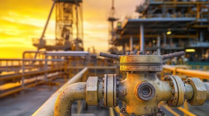 Obraz premium Pipe Connection in Industrial Plant Against Golden Sunset Sky