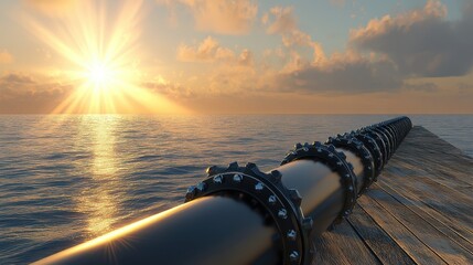 Pipe Leading to the Horizon Over Calm Waters at Sunrise