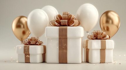 Golden Ribbon Gift Boxes and Balloons on Light Background for Celebration and Banner Design, Minimalist Style