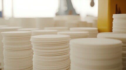 Stacked White Discs in a Bright Industrial Environment