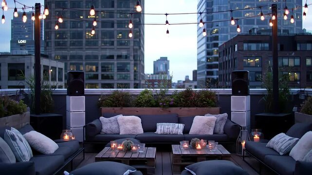 Rooftop Gathering Spot: A stylish rooftop lounge with ambient lighting, inviting seating areas, and panoramic city views creates the perfect setting for urban relaxation and social gatherings.