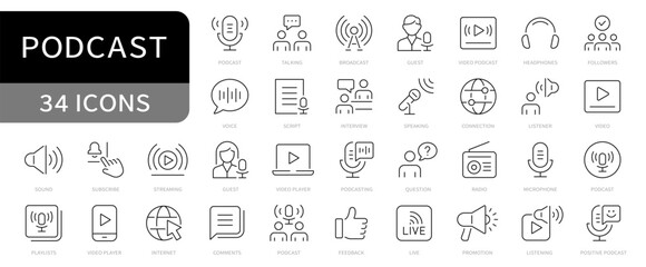 Podcast simple line icons. Broadcasting, microphone, audio, streaming editable stroke icon. vector