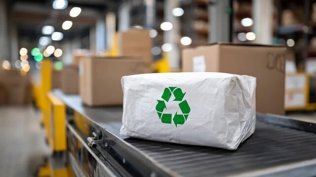 Eco-friendly parcel on a scale with a green recycling sign, highlighting sustainable last-mile delivery and automated shipping equipment.