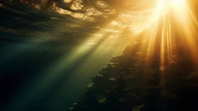 Golden Sunset Light Shining Through Ocean Surface Underwater