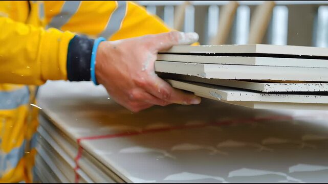 Close-up of construction technician lifting a gypsum drywall panel during handling and inspection