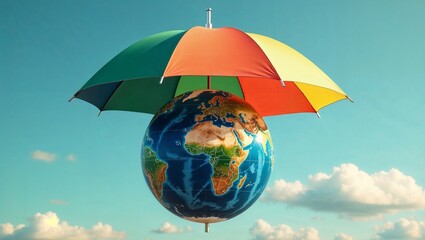 Earth Planet Protected by Colorful Umbrella - Environmental Protection and Climate Change Concept