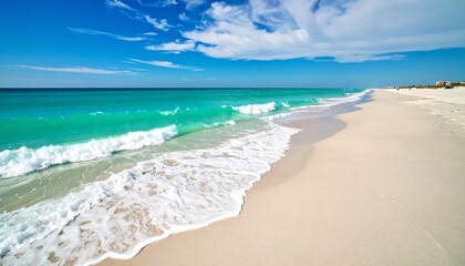 Obraz premium Turquoise Waters and White Sandy Beach under a Vibrant Blue Sky Horizon