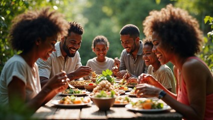 Happy Family Having Fresh Vegan Lunch Together Outdoors