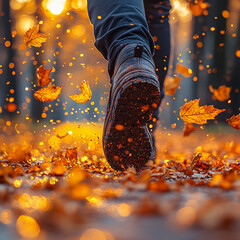 Close up of feet walking on autumn leaves generated.AI