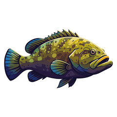 Obraz premium Illustration of a grouper fish with green and blue coloring, detailed fins, and a white background.