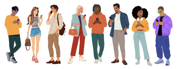 Set of different people using gadgets. Business men and women holding smartphones and tablet, texting, talking, watching news. Group of male, female cartoon characters Vector realistic illustrations.