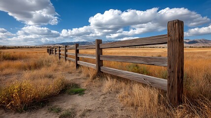 Fototapeta premium Rustic wooden fence in a golden field under a cloudy sky