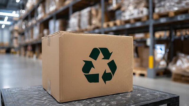 Eco-friendly shipping carton with embossed recycle symbol and eco tape, surrounded by shelves of biodegradable and reused materials.
