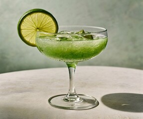 Refreshing green cocktail garnished with lime on a marble table, showcasing a bright and vibrant drink in a stylish glass