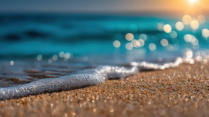 Golden sand with ocean bokeh blurred background