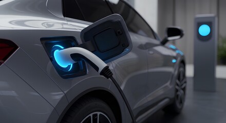 A modern electric car is charged at a light blue lighted station. Charging process EV car is connected to the charger