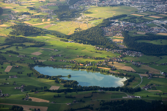 Scenic Aerial View of Amsoldingen and Lake Amsoldingersee
