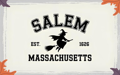 Halloween design featuring a silhouette of a witch on a broomstick and the inscription Salem est 1626 Massachusetts in collegiate style.