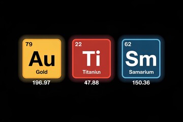Interactive design, infographics in the form of stylized icons of chemical elements Gold, Titanium, Samarium in the format of the periodic table with atomic numbers and masses on a black background.
