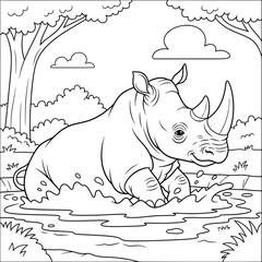 Cartoon Rhino Sitting in Waterhole — Black and White Line Art for Wildlife Coloring Pages and Educational Safari-Themed Illustrations