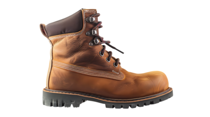 A single brown leather work boot with laces and a dark sole on a plain dark surface is displayed