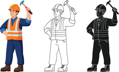 Construction worker illustration with hammer in hand and safety vest vector image set