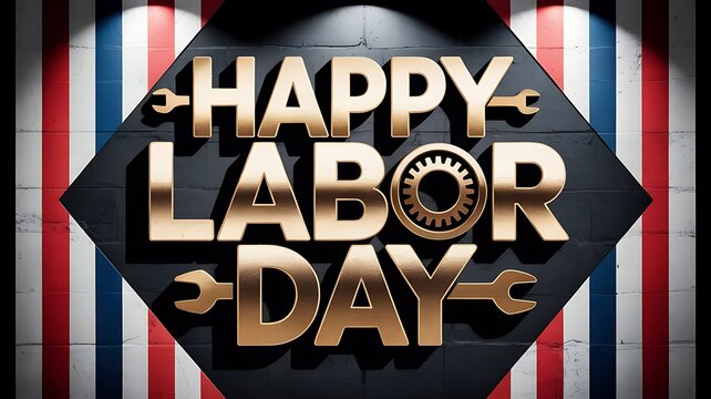 Photo of a golden happy labor day message with tools on a black diamond background