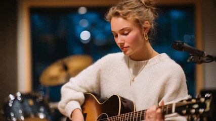 A young woman skillfully strums her guitar in a softly lit rehearsal room, surrounded by drums and a microphone.