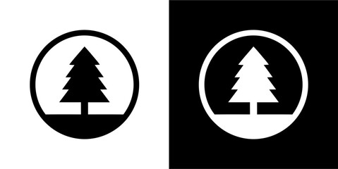 Minimalist pine tree icon in a circle, a simple vector graphic symbol. Black and white set for nature, forest, or outdoor themes.