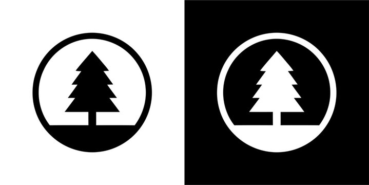 Minimalist pine tree icon in a circle, a simple vector graphic symbol. Black and white set for nature, forest, or outdoor themes.