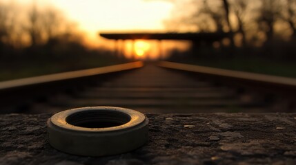 Close-Up of Metal Washer on Railway Track at Sunset
