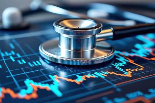 Stethoscope resting on a financial stock market graph indicating healthcare economics