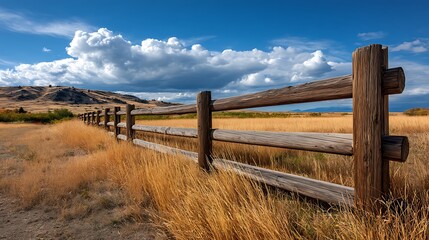Obraz premium Rustic wooden fence borders a golden field under a dramatic sky