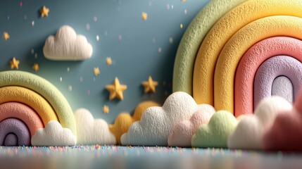 Pastel cartoon landscape with stars and rainbow arches