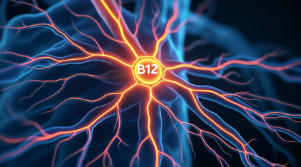 Vitamin B12 concept ,Nerve diagram with B12 highlighted, showcasing pathways lighting up vibrant colors, illustrating neural