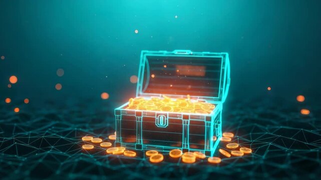 A glowing treasure chest filled with shimmering gold coins set against a digital network background with floating particles representing wealth and discovery in a futuristic environment