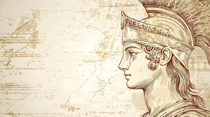 Profile view of a classical warrior, detailed line drawing, set against a textured backdrop evoking antiquity.  Intricate helmet and armor details