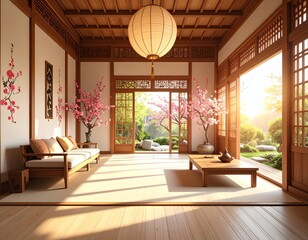 Beautiful Japanese interior, blooming sakura trees, tranquil garden light.
