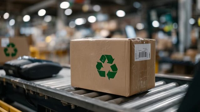 Eco-friendly cardboard parcel with recycling emblem on a metal shelf in a sustainable distribution hub, featuring a barcode scanner and handheld device.