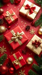 Christmas presents on red background