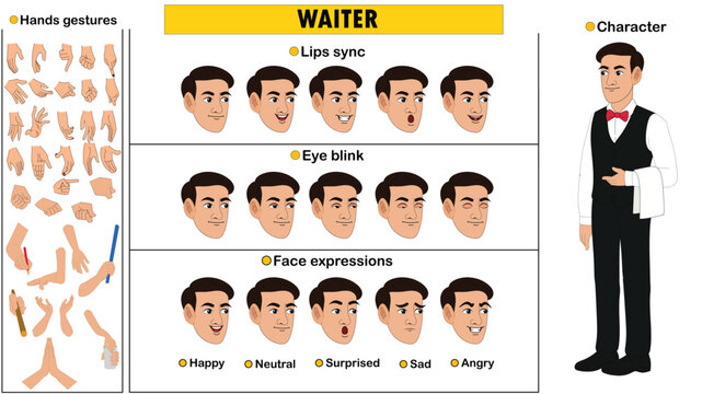 Cartoon vector young waiter full model sheet including eyes blink, lip sync, face expressions and hands gestures