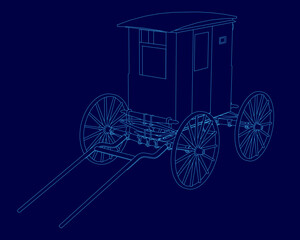 Fototapeta premium A horse-drawn carriage with intricate detailing stands out against a solid blue background. The retro cart features four distinct wheels and a well-defined contour.
