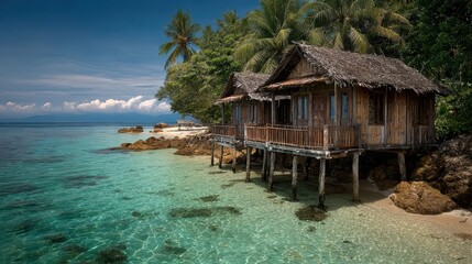 Tropical overwater huts with jungle backdrop