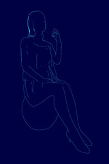 A young woman sits thoughtfully on a chair, resting her chin on her hand while wearing stylish high heels. The deep blue background accentuates her elegant contour and posture.